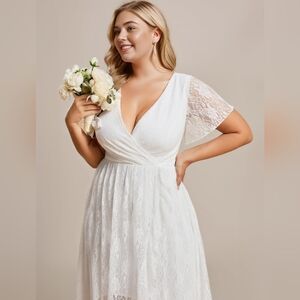 Ever-Pretty V-Neck Ruffles Sleeves High Low Lace Size 16 Wedding Dress